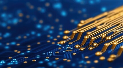 Poster - Close-up view captures the complex layout of a circuit board with shimmering gold lines and luminous blue dots, illustrating advanced electronic design techniques and innovation
