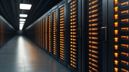 Poster - Rows of illuminated server racks fill a modern data center, highlighting the complexity of data processing and storage technology in a well-organized environment