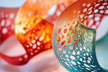 Poster - Colorful perforated ribbons swirl, studio shot, bokeh background, design element