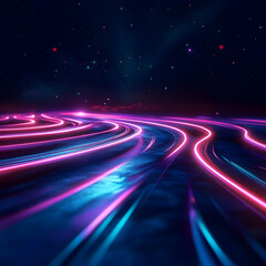 Poster - Cosmic Neon Trail: A vibrant abstract digital art piece depicting a luminous, neon-colored trail winding through a dark, celestial landscape.