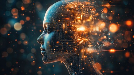 Poster - Illuminated AI head, digital circuitry, bokeh background, future tech concept