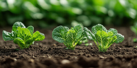 Wall Mural - Fresh green lettuce plants growing in rich soil, showcasing vibrant leaves and healthy growth. lush background emphasizes vitality of garden