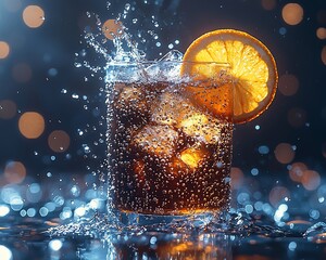 Fototapete - Iced cola drink with orange slice and ice splash.