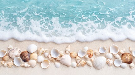 Wall Mural - Beautiful seashells on a sandy beach with gentle waves