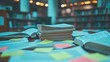 © SY - Stack of books and papers on table, library in background. Illustrates research, studying, or academic work.