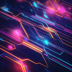 Poster - Neon Circuit Board Abstract: Vibrant, dynamic abstract artwork depicting a futuristic circuit board with glowing neon lines in pink, orange, blue, and teal.