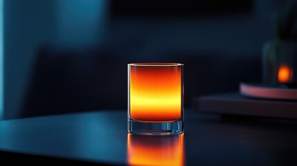 Poster - A minimalist composition featuring a glowing orange candle in a glass holder, radiating warmth against a dark backdrop