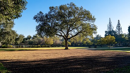 a tree growing from the soil in the middle of a serene park with blue skies