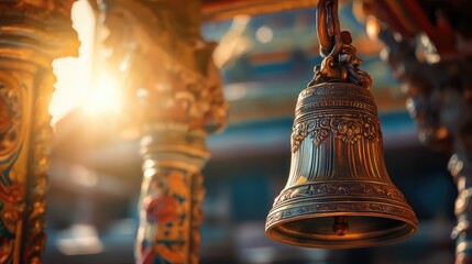 An intricate Indian bronze bell hanging in sunlight against a temple backdrop.