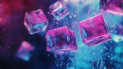 Poster - Bright ice cubes in neon hues, immersed underwater, releasing tiny bubbles in a mesmerizing, energetic underwater scene