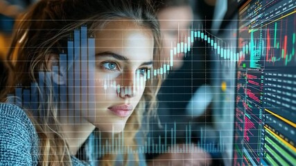 Poster - Data-Driven Focus: A determined woman stares intently at a computer screen, her face partially obscured by a dynamic chart, representing the power of data analysis in the modern business landscape.