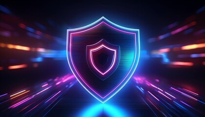 Poster - A vibrant, neon shield symbolizes protection and security, surrounded by dynamic light streaks, evoking a sense of technological advancement.