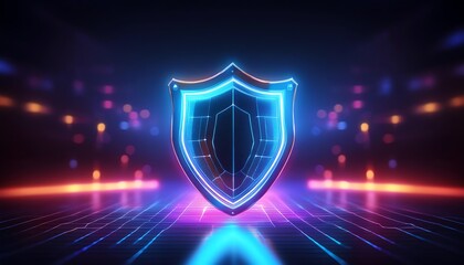 Poster - A glowing, digital shield emblem with vibrant blue and orange neon lights, set against a futuristic background.