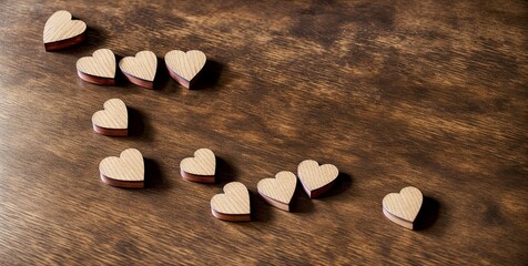 Poster - A wooden table with a bunch of wooden hearts on it