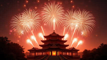 Wall Mural - Chinese New Year Fireworks Temple - Festive celebrations