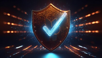 Poster - a glowing shield with a checkmark, representing security, trust, and protection, set against a dynam