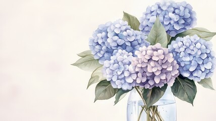 Wall Mural - A delicate bouquet of blue and purple hydrangeas in a glass vase, showcasing soft petals and leafy greens against a light background.