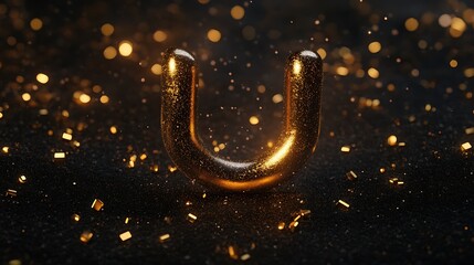 Magnetic U-shaped object glowing with attraction to metallic particles on dark background