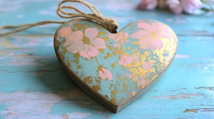 Painted heart ornament on rustic table, decoration, or gift, with flowers in background