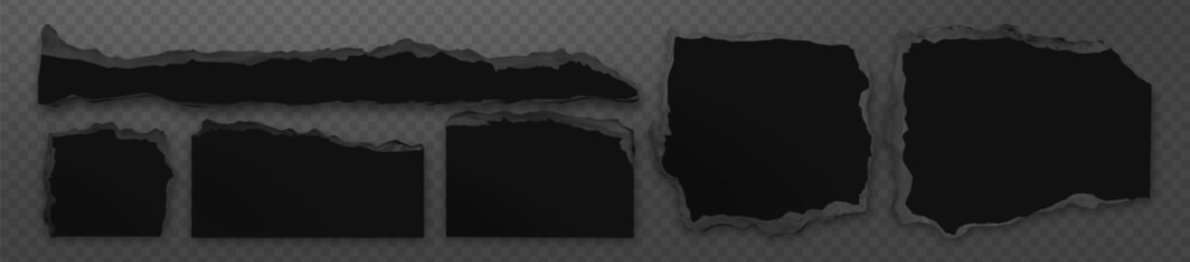 Poster - Paper cut black shapes set with rough torn edges, irregular ragged borders, shredded fragments of different sizes and ripped strips on transparent background. Distressed elements for scrapbooking.