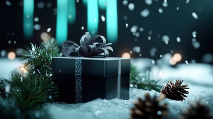 Wall Mural - black gift box with glitter ribbon among pine branches and snow. christmas and winter content