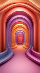 Aufkleber - A vibrant, abstract corridor with smooth, curved arches in shades of pink, orange, and purple, creating an inviting and surreal atmosphere.
