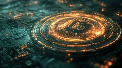 Poster - Glowing Crypto Coin on Circuit Board, Tech Background, Futuristic Finance