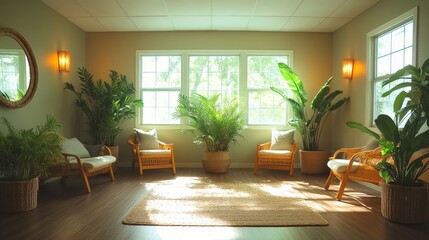 Aufkleber - This tranquil indoor space features a sunny seating area adorned with cozy armchairs, greenery, and a soft rug, inviting relaxation and conversation.