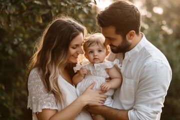 Wall Mural - A father and mother holding their daughter in their arms, smiling warmly and sharing a joyful family moment