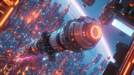 Fototapete - A detailed space station with glowing accents hovers above a bustling, brightly lit city. The twilight sky enhances the vibrant atmosphere, reflecting a blend of advanced technology and urban life.