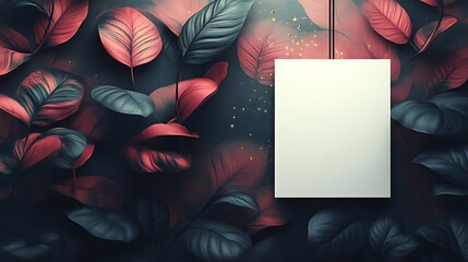 Wall Mural - Blank canvas surrounded by dark red and green leaves