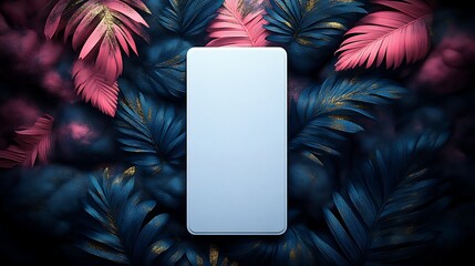 Wall Mural - Blank Smartphone Screen Surrounded by Dark Blue and Pink Leaves