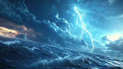 Wall Mural - lightning storm illuminates turbulent ocean under dramatic dark clouds, creating powerful and intens