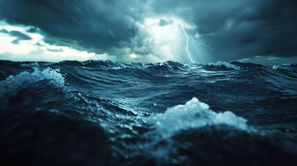 Wall Mural - lightning storm illuminates dark sky over turbulent open ocean, with intense waves crashing under dr