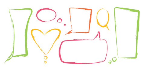 Poster - Crayon style speech bubble collection with multicolor outlines. Hand drawn cartoon dialog shapes. Chat communication elements with round, rectangular, heart shaped borders for message design.