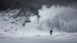 © Worakit - lone explorer stands in awe, observing massive avalanche cascading down rugged mountain under stormy sky