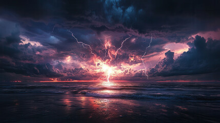 Wall Mural - massive thunderstorm unleashes vivid lightning over vast ocean, reflecting dramatic colors on water 