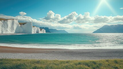 Poster - A beautiful beach with green grass and white cliffs in the background, and mountains on both sides of it, blue sky and clouds, sunlight shining down, the sea is calm.