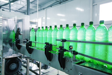 Poster - bottles of green beverage on the assembly line in a production facility
