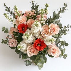 Poster - Floral bouquet, snapdragons, gypsophila, zinnias, carnations, leaves, pink, green leaves, isolated on a white background.