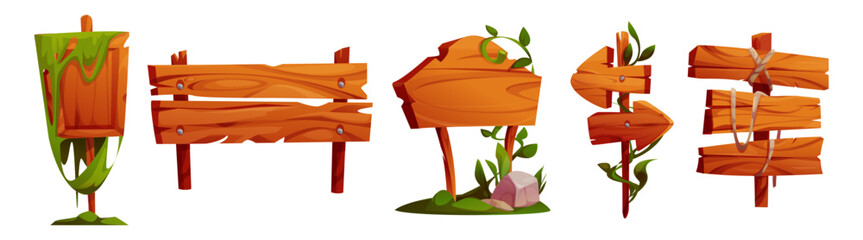 Poster - wooden jungle signboard set - moss covered pointers, cracked plank boards with nails and rope, direc