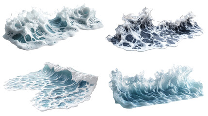 Poster - The image shows four different digital renderings of ocean waves featuring detailed foam and realistic water textures.