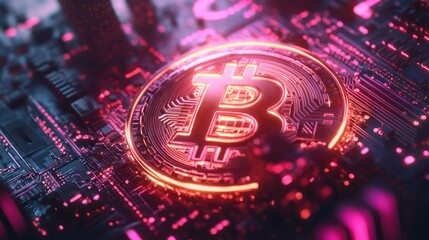 Poster - Glowing Bitcoin on Circuit Board, Futuristic Cityscape