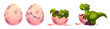 © klyaksun - Cute green dinosaur reptile hatching sequence from spotted egg - closed shell, cracking process, emerging baby dino and newborn t-rex with broken eggshell pieces for game animation or children book. © klyaksun - Cute green dinosaur reptile hatching sequence from spotted egg - closed shell, cracking process, emerging baby dino and newborn t-rex with broken eggshell pieces for game animation or children book.