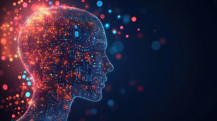 Poster - AI head glowing, digital circuitry, dark background, tech concept