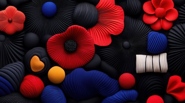 Abstract Floral Textile: A vibrant and textured composition featuring stylized red and blue poppies amidst a field of dark, ribbed spheres and organic shapes.