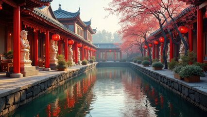 Canvas Print - Serene Chinese Temple Garden Pond - Asian-inspired design