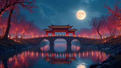 Canvas Print - Serene Moonlit Bridge in Cherry Blossom Garden - Night scenes