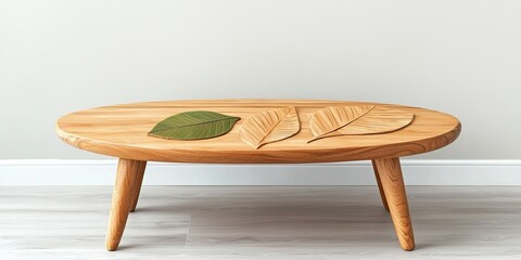 Wall Mural - A stylish wooden coffee table featuring leaf carvings, blending modern design with nature-inspired aesthetics.