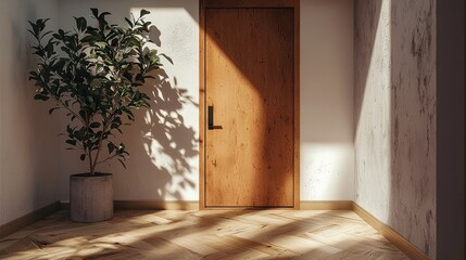 Aufkleber - Modern interior, parquet floor, white wall, plant in pot, wooden door.
